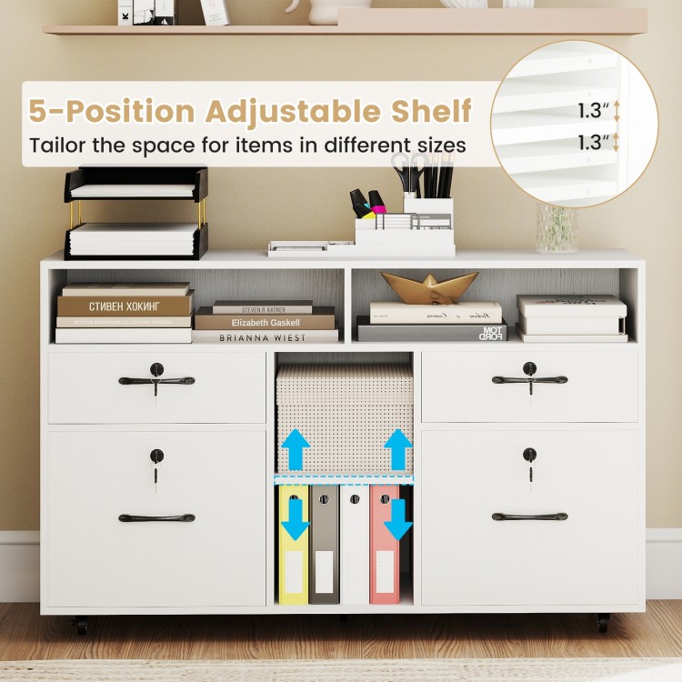 Mobile lateral filing storage organizer in white with adjustable shelves and lockable drawers for secure document.