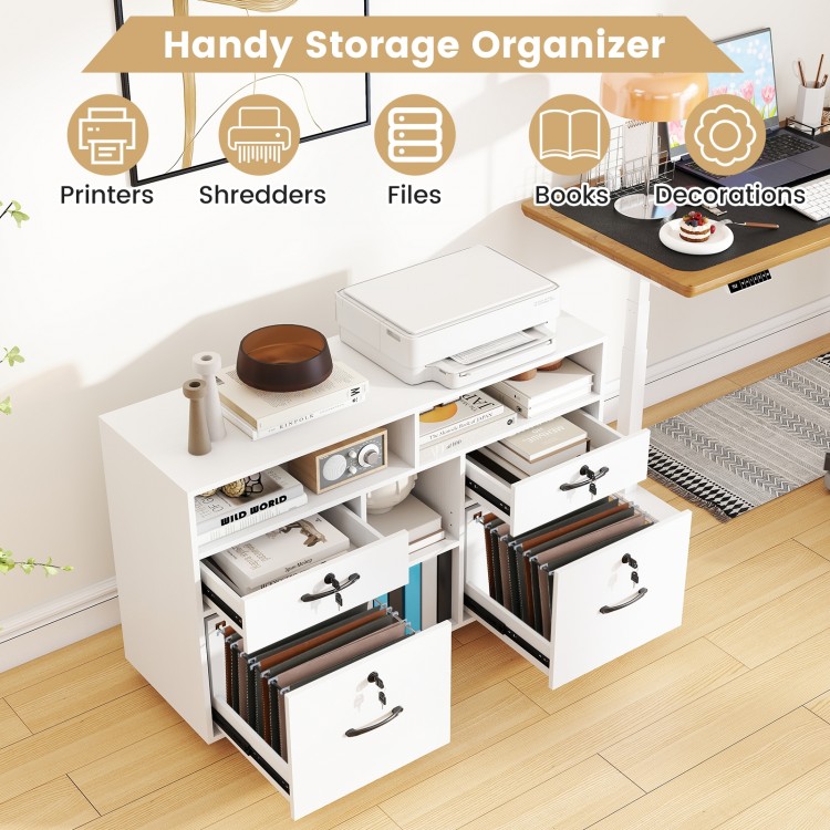 Modern white file cabinet with lock, featuring two drawers and adjustable shelves for organized storage of files and.