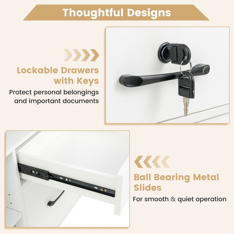 Lockable drawers with keys and ball bearing metal slides on a white mobile file cabinet for secure and smooth storage.