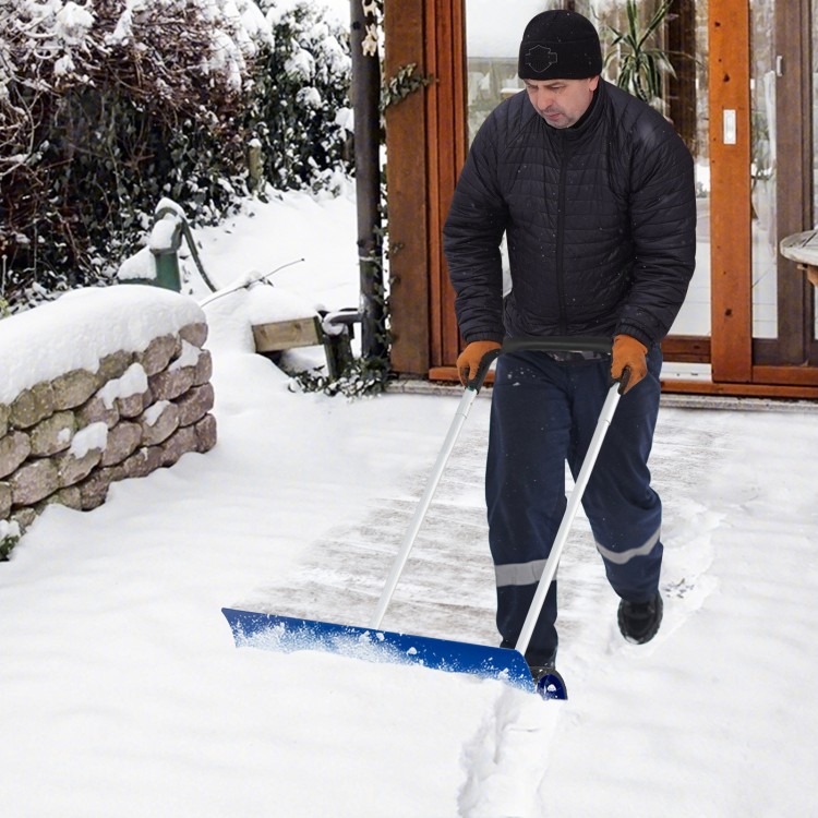 Aluminum snow shovel with wheels and bi-directional angled blade, designed for efficient snow removal up to 10" deep.
