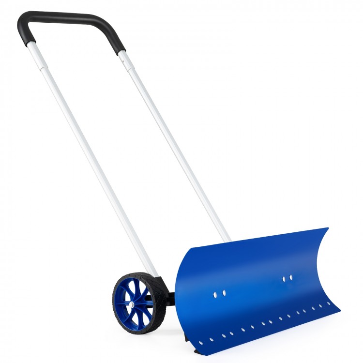 Aluminum snow shovel with wheels and bi-directional angled blade for efficient snow removal up to 10" deep.