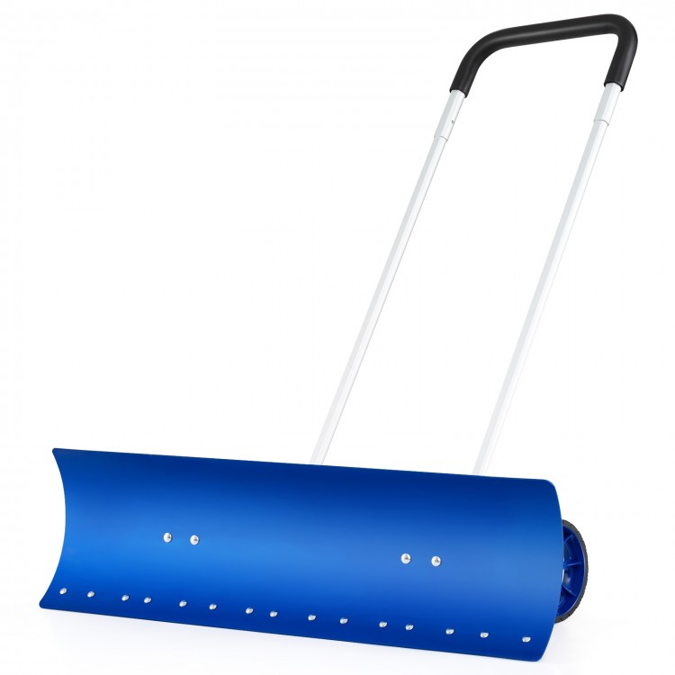 Blue aluminum snow shovel with wheels and bi-directional angled blade for efficient snow removal up to 10" deep.