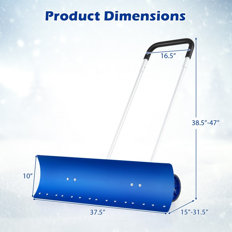 Aluminum snow shovel with wheels, 37.5 inches wide, featuring a bi-directional angled blade for efficient snow removal.