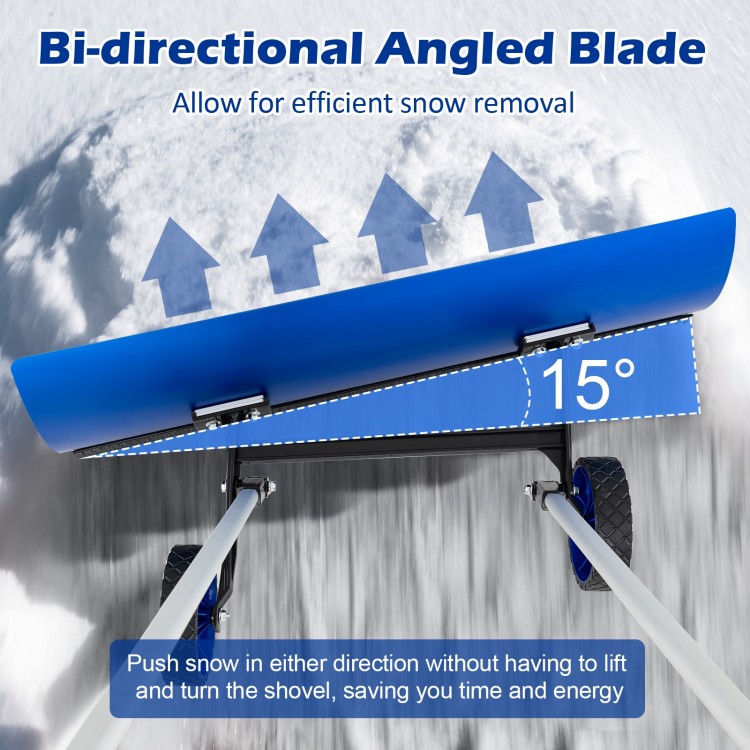 Bi-directional angled blade of the 37.5-inch aluminum snow shovel for efficient snow removal with wheels.
