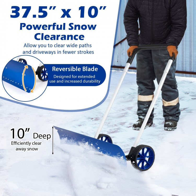 Aluminum snow shovel with wheels and bi-directional blade, designed for efficient snow removal up to 10" deep.