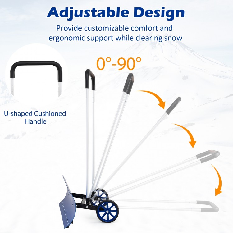 Adjustable aluminum snow shovel with wheels, featuring a bi-directional angled blade and ergonomic U-shaped handle for.