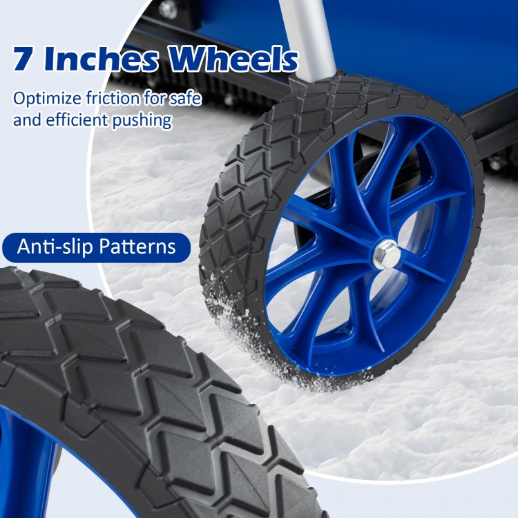 Close-up of 7-inch wheels with anti-slip patterns on a blue aluminum snow shovel for efficient snow removal.