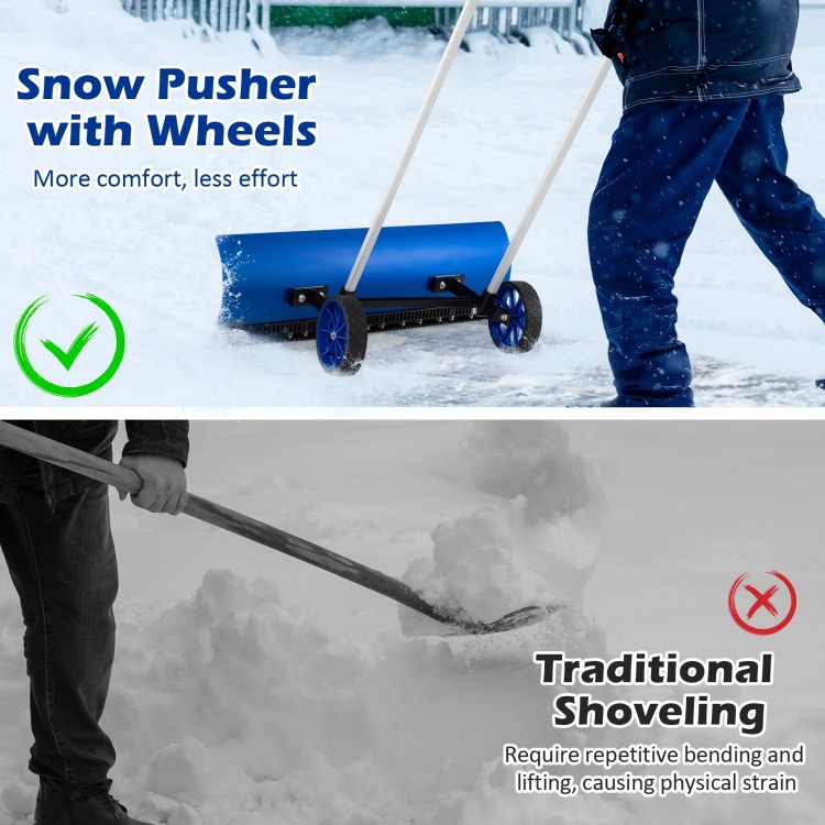 Aluminum snow shovel with wheels and bi-directional angled blade for efficient snow removal and ergonomic comfort.