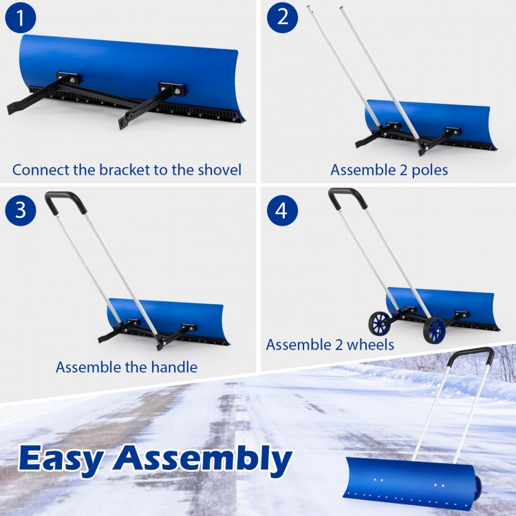 Easy assembly steps for the 37.5 inches aluminum snow shovel with wheels and bi-directional angled blade in blue.