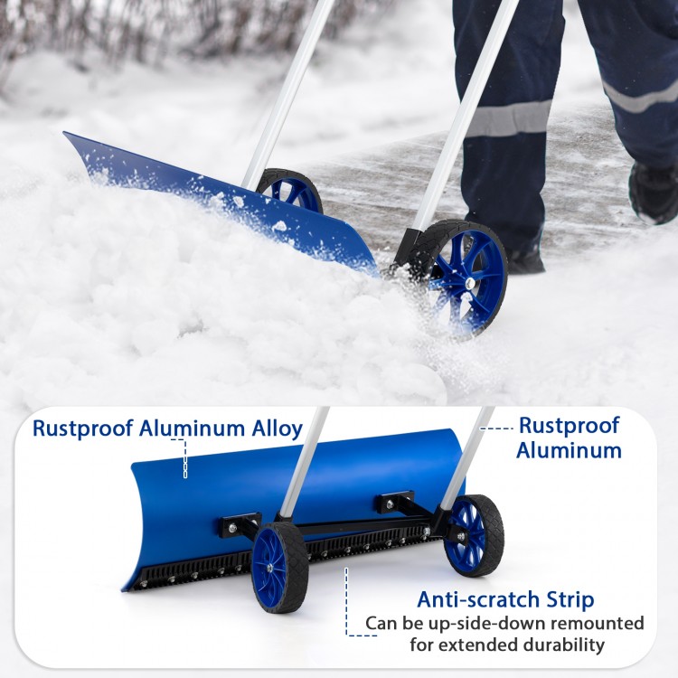 Detailed view of the rustproof aluminum blade and anti-scratch strip on the 37.5-inch snow shovel with wheels.