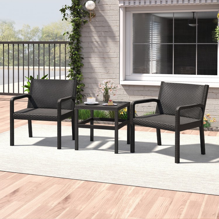 Modern 3 piece patio furniture set featuring two black rattan armchairs and a 25-inch square side table for outdoor use.