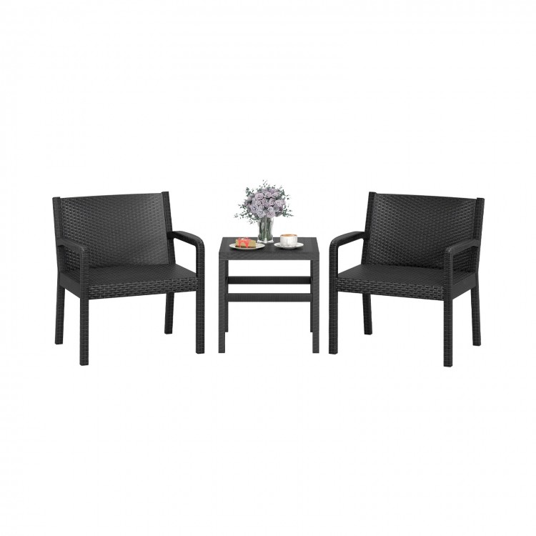 Modern black rattan armchair set with a 25-inch square side table, perfect for outdoor patio relaxation.