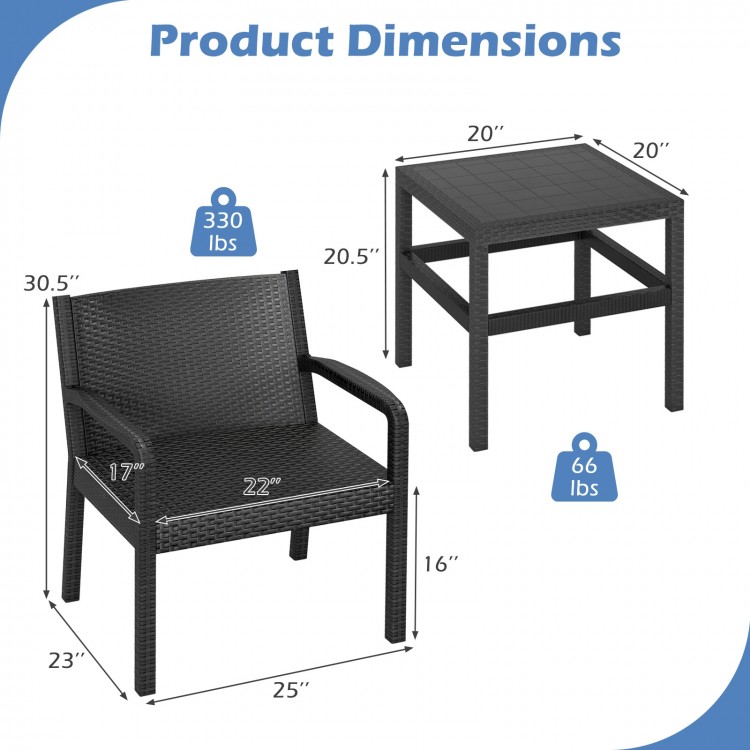 Dimensions of the 3 Piece Patio Furniture Set featuring a rattan armchair and square side table, ideal for outdoor use.