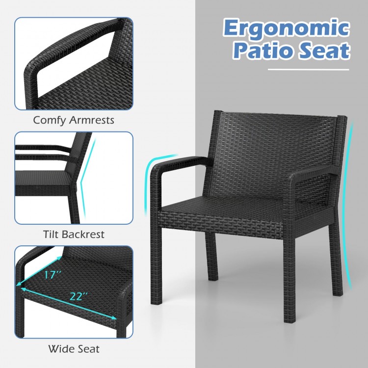 Ergonomic black rattan armchair with comfy armrests and wide seat, perfect for outdoor patio relaxation.