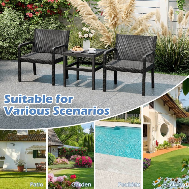 3-piece patio furniture set featuring two black rattan armchairs and a square side table, perfect for outdoor.