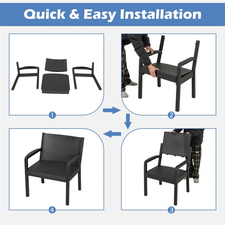 Assembly steps for the 3 Piece Patio Furniture Set featuring modern black rattan armchairs and side table.