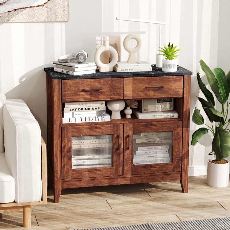 Coffee bar cabinet in brown with faux marble top, featuring 2 drawers, 2 doors, and an open shelf for stylish storage.