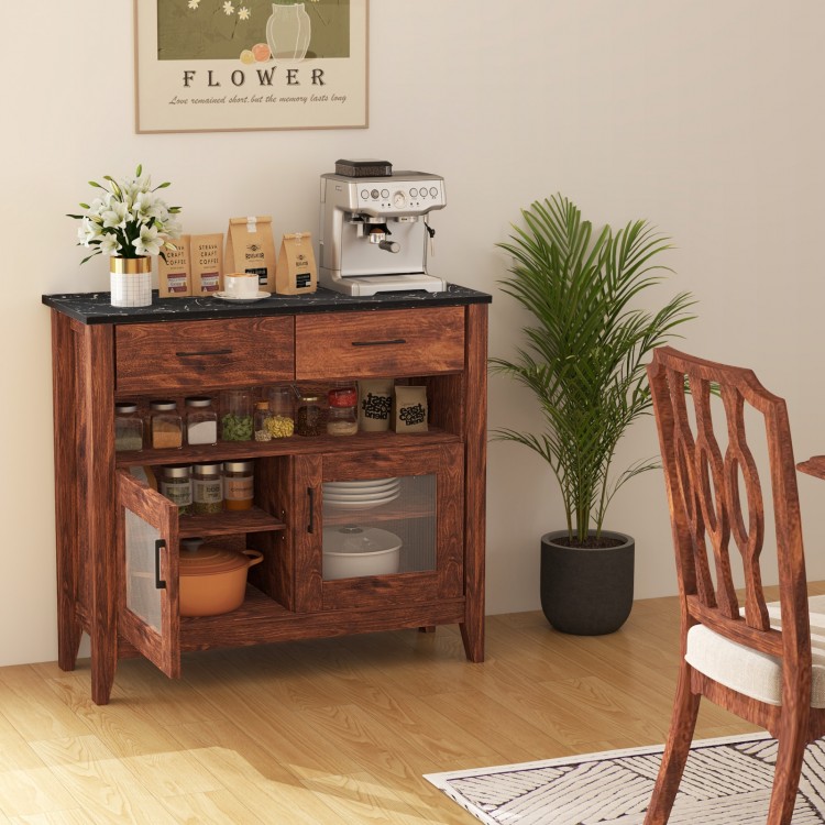 Coffee bar cabinet in brown with faux marble top, featuring 2 drawers, 2 door cabinets, and an open shelf for storage.