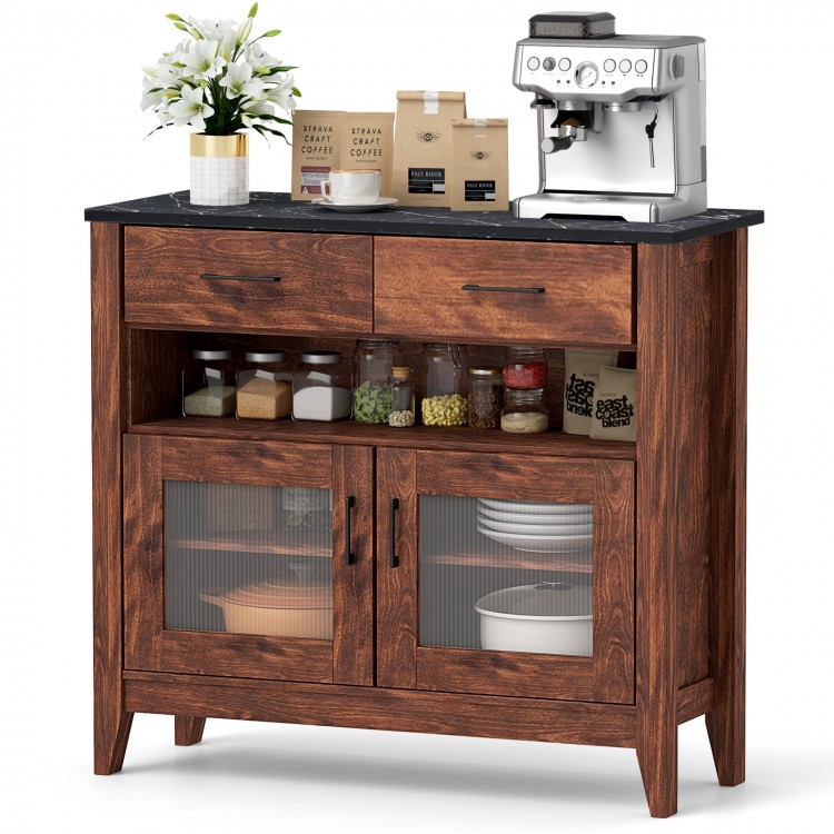 Coffee bar cabinet in brown with a faux marble top, showcasing a middle open shelf and two adjustable shelves for.