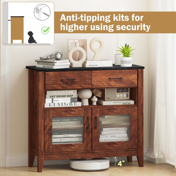 Coffee bar cabinet in brown with faux marble top, featuring 2 drawers, 2 cabinets, and an open shelf for versatile.