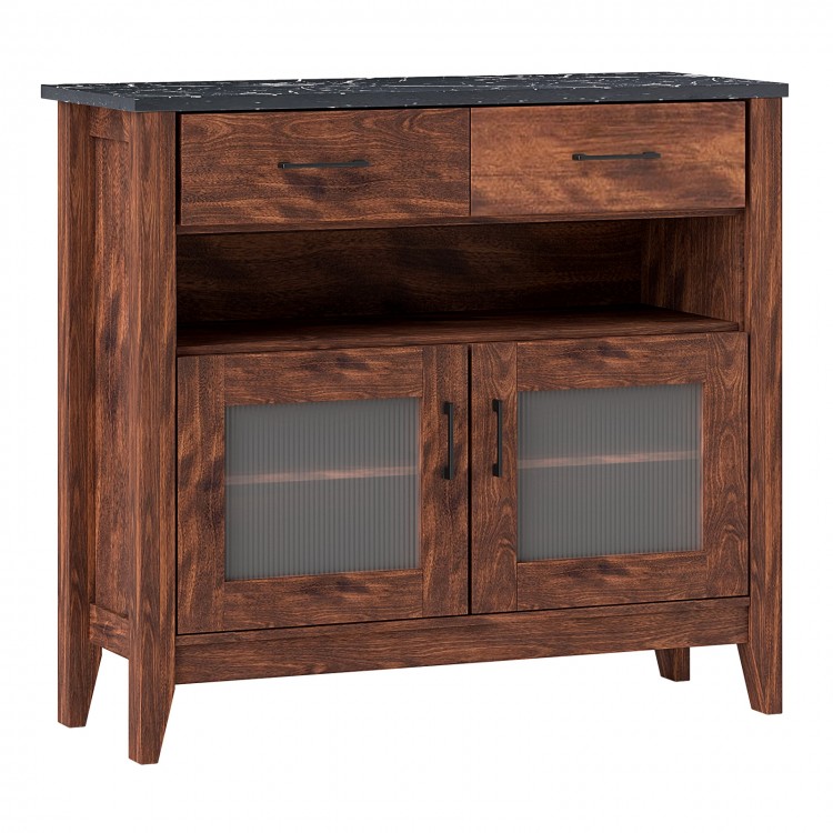 Brown coffee bar cabinet with faux marble top, featuring two drawers, two doors, and a spacious middle open shelf for.