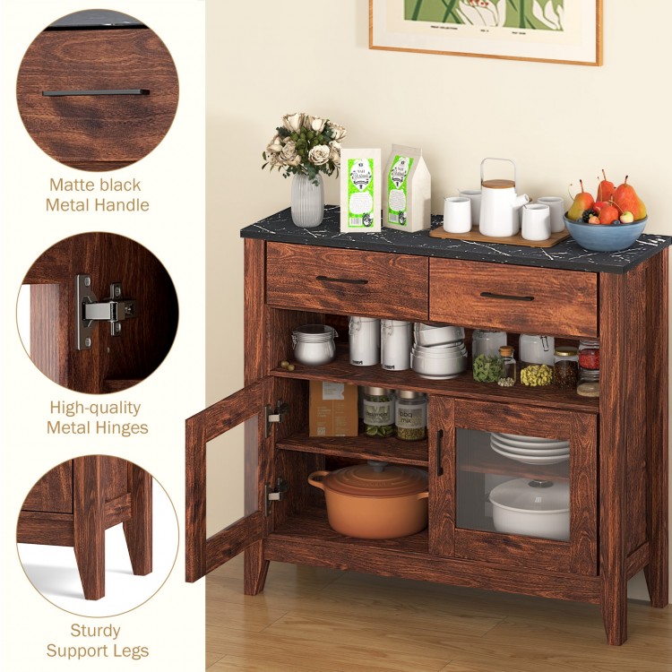 Coffee bar cabinet in brown with faux marble top, featuring 2 drawers, 2 door cabinets, and sturdy support legs.