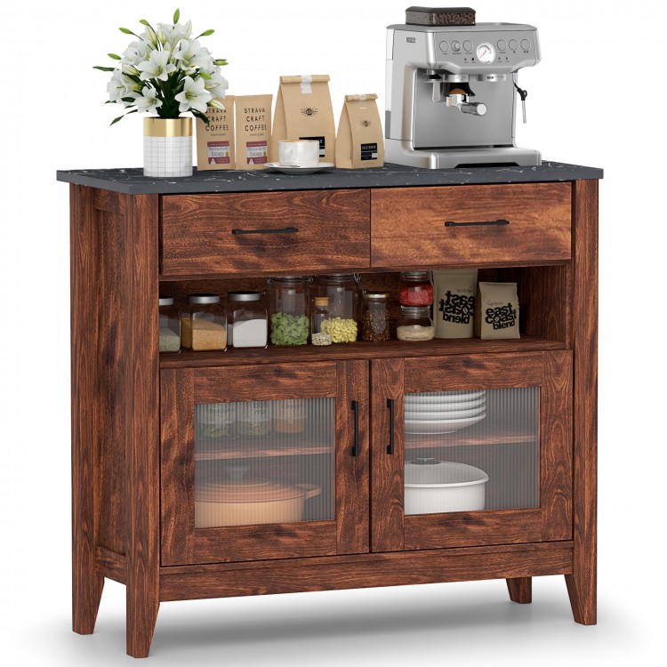 Coffee bar cabinet in brown with faux marble top, showcasing elegant wood grains and a spacious middle open shelf for.