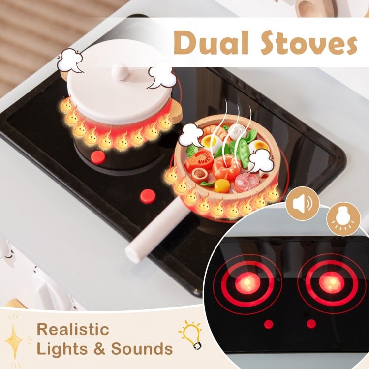 Kids kitchen playset with dual stoves, light and sound effects, and cooking accessories for imaginative role-play.