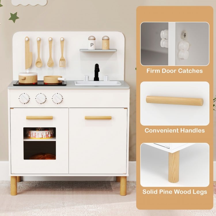 Kids kitchen playset in white with dual stoves, storage, and solid pine wood legs for imaginative role-playing fun.