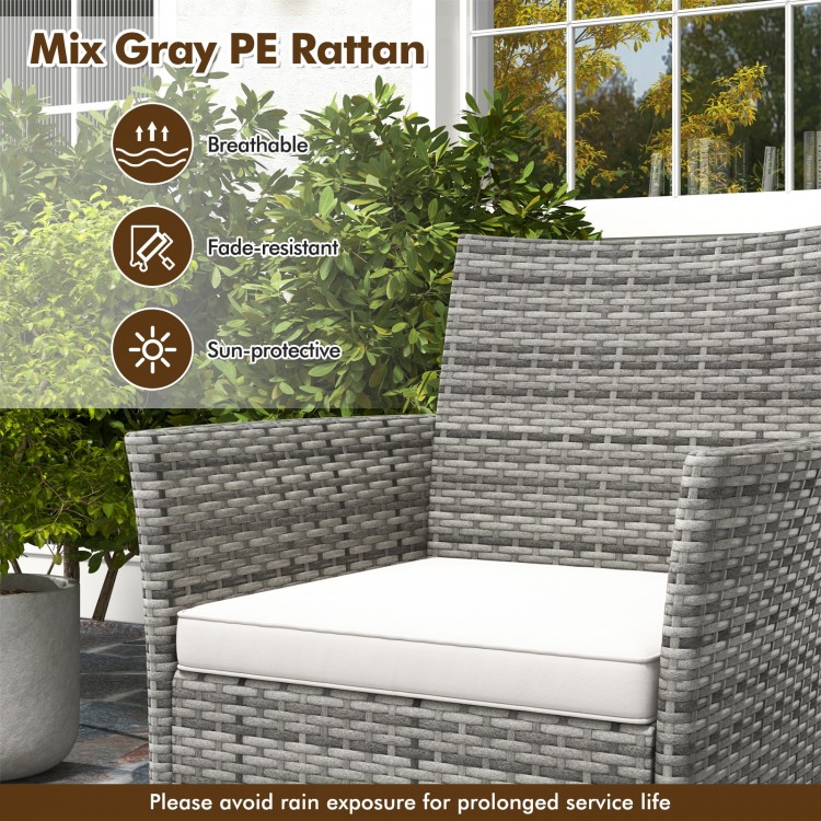 Mix gray PE rattan armchair with cozy white cushion, designed for outdoor comfort and weather resistance.