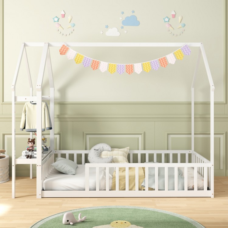 Twin house bed frame in white with a reversible clothes hanger, perfect for creating a themed bedroom for kids.