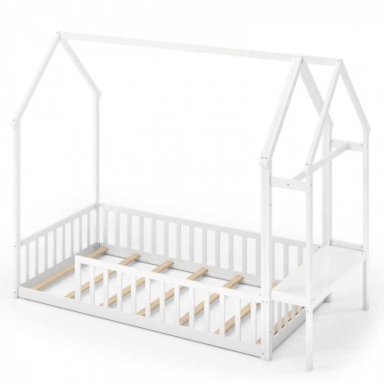 Twin house Montessori bed frame in white with built-in storage shelf, designed for safety and independence for kids.