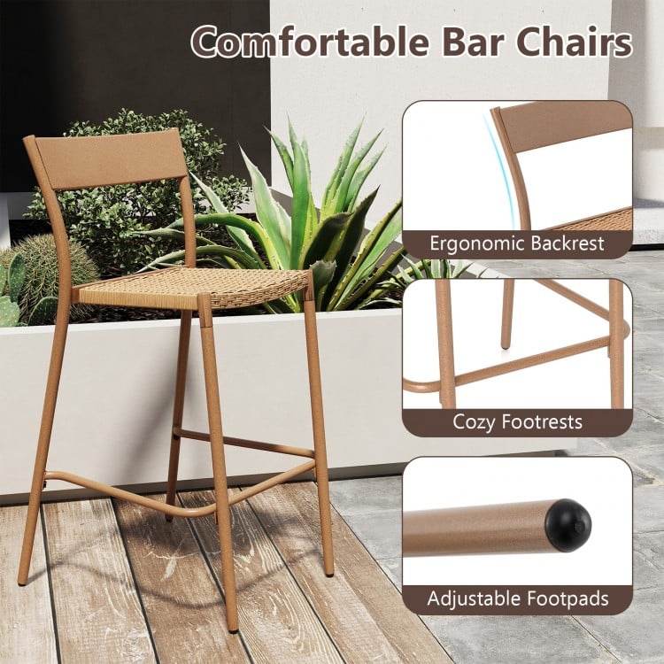 Light brown patio barstool set of 2 with rattan seat, metal backrest, and adjustable footpads for backyard relaxation.