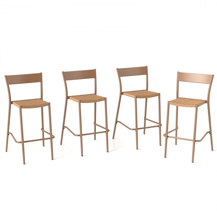 Light brown patio barstool showcasing a curved metal backrest and woven rattan seat, ideal for stylish outdoor seating.