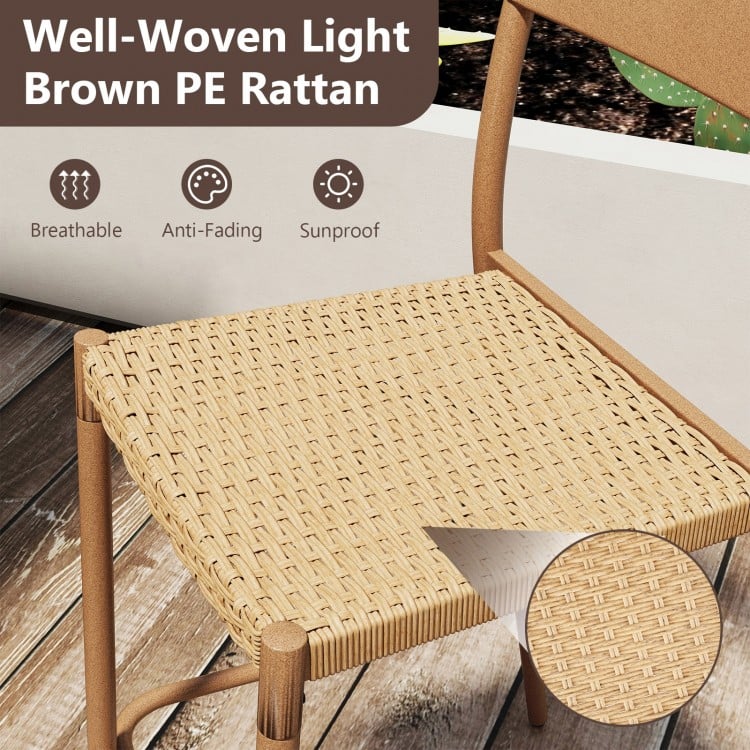 Well-woven light brown PE rattan seat of a patio barstool, showcasing breathable texture and durable metal frame.