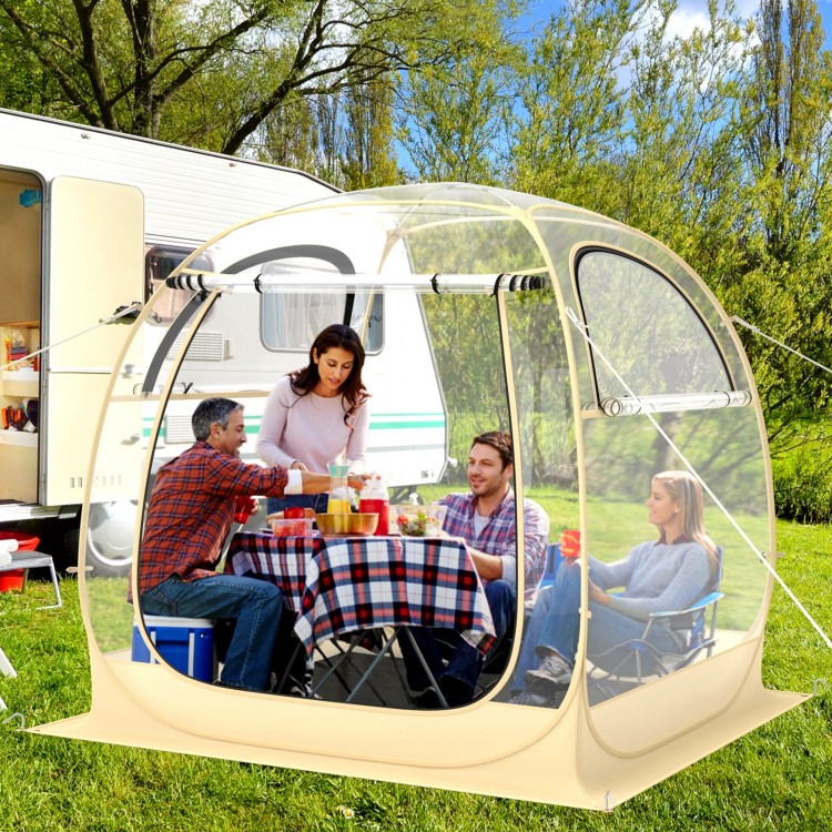 Instant pop-up sports tent with transparent PVC, ideal for outdoor activities, featuring a waterproof floor mat and.