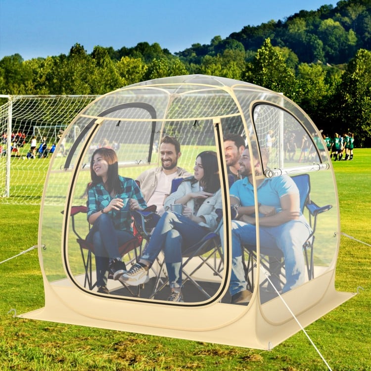 Transparent pop-up sports tent for 5-6 people, featuring a waterproof floor mat, ideal for outdoor events and.