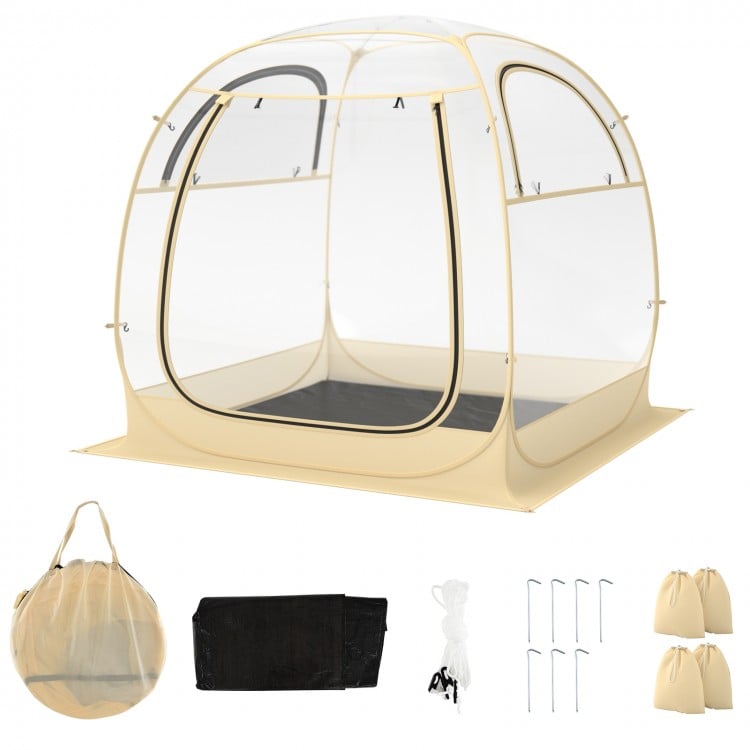 Instant pop-up sports tent with transparent PVC, carrying bag, and waterproof floor mat for outdoor activities.