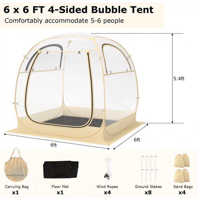 Transparent 6x6 ft bubble tent with carrying bag and floor mat, ideal for outdoor activities and accommodating 5-6.