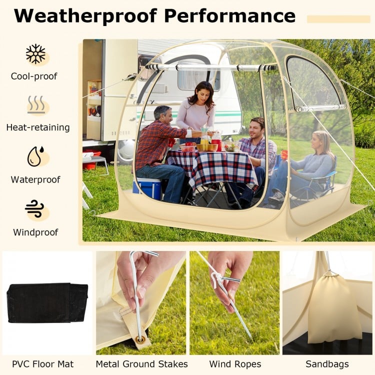 Instant pop-up sports tent with transparent PVC, waterproof floor mat, and carrying bag for outdoor activities.