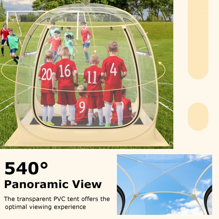 Transparent PVC sports tent with panoramic view, ideal for outdoor activities, accommodating 1-2/5-6 people.