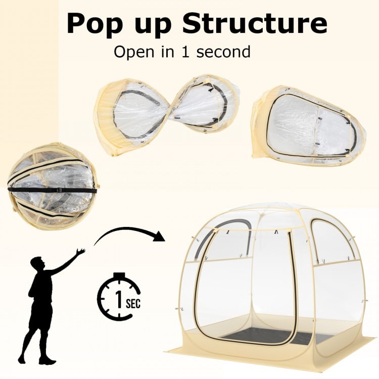 Instant pop-up sports tent with transparent PVC, waterproof floor mat, and compact carrying bag for outdoor activities.