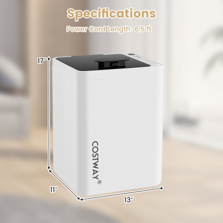 23L white towel warmer bucket with timer and overheat protection, featuring a 6.5 ft power cord for home and spa use.