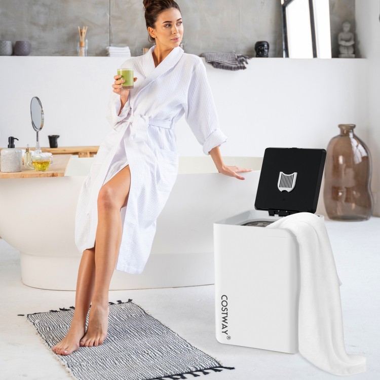 Large white towel warmer bucket with timer, 23L capacity, ideal for home and spa use, shown with a woman relaxing.