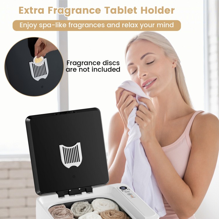 Large 23L towel warmer bucket in white with aroma tray, perfect for warming towels and bathrobes safely at home or spa.