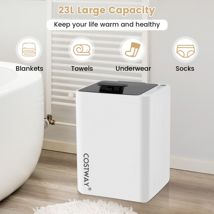 23L large towel warmer bucket in white, featuring a timer and safety shut-off, ideal for towels and blankets.
