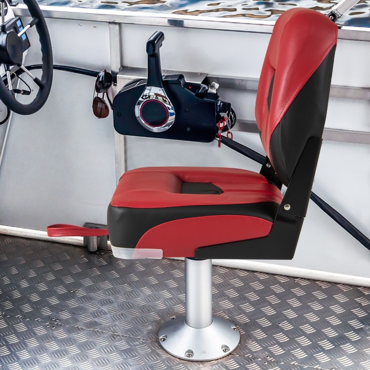 Folding low back fishing boat seat in red and black, featuring ergonomic support and durable PVC for outdoor use.