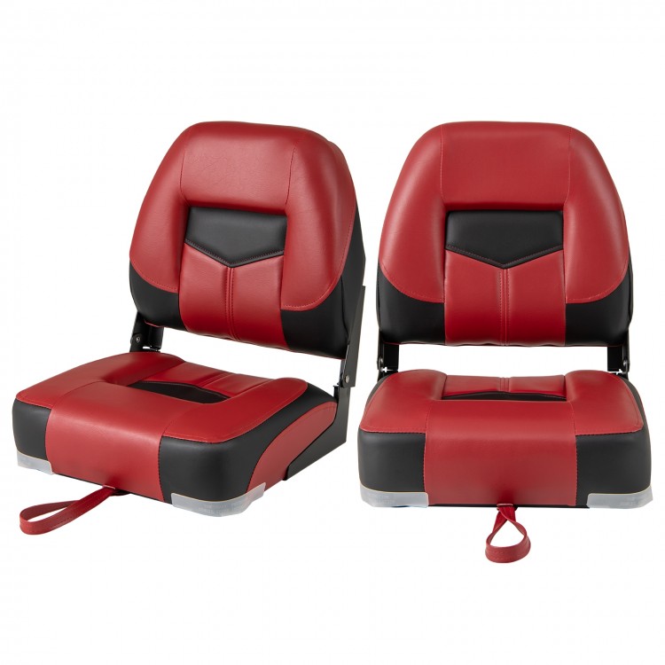 Set of 2 red and black folding low back fishing boat seats with ergonomic design for comfortable outdoor use.