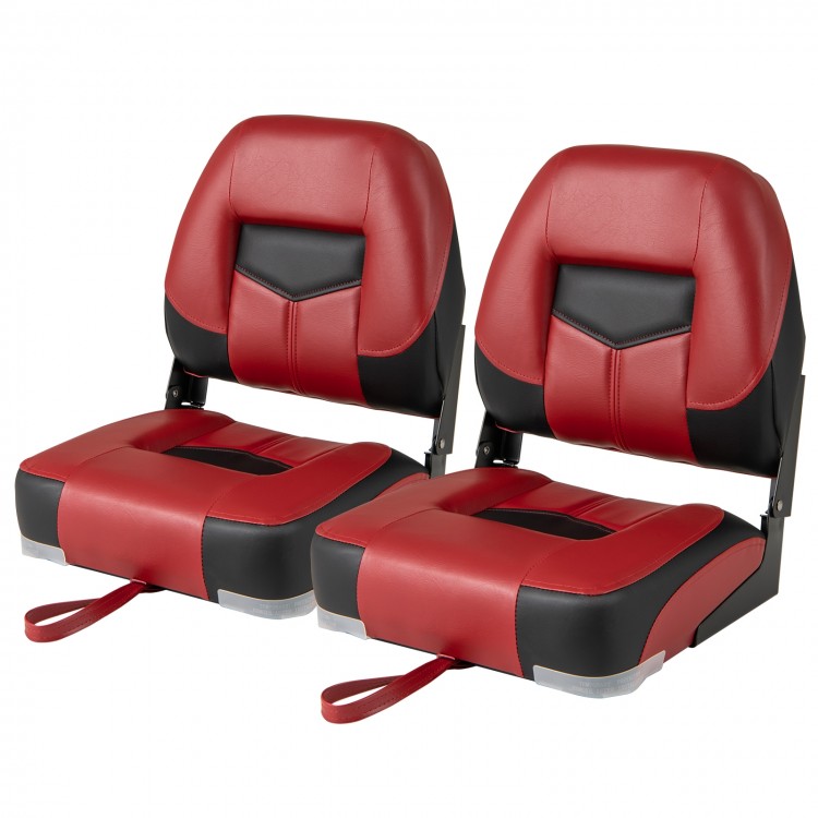 Set of 2 red and black folding low back fishing boat seats with ergonomic support, designed for outdoor durability.