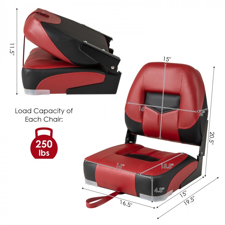 Folding low back fishing boat seat set in red and black, featuring ergonomic design and durable PVC for outdoor use.